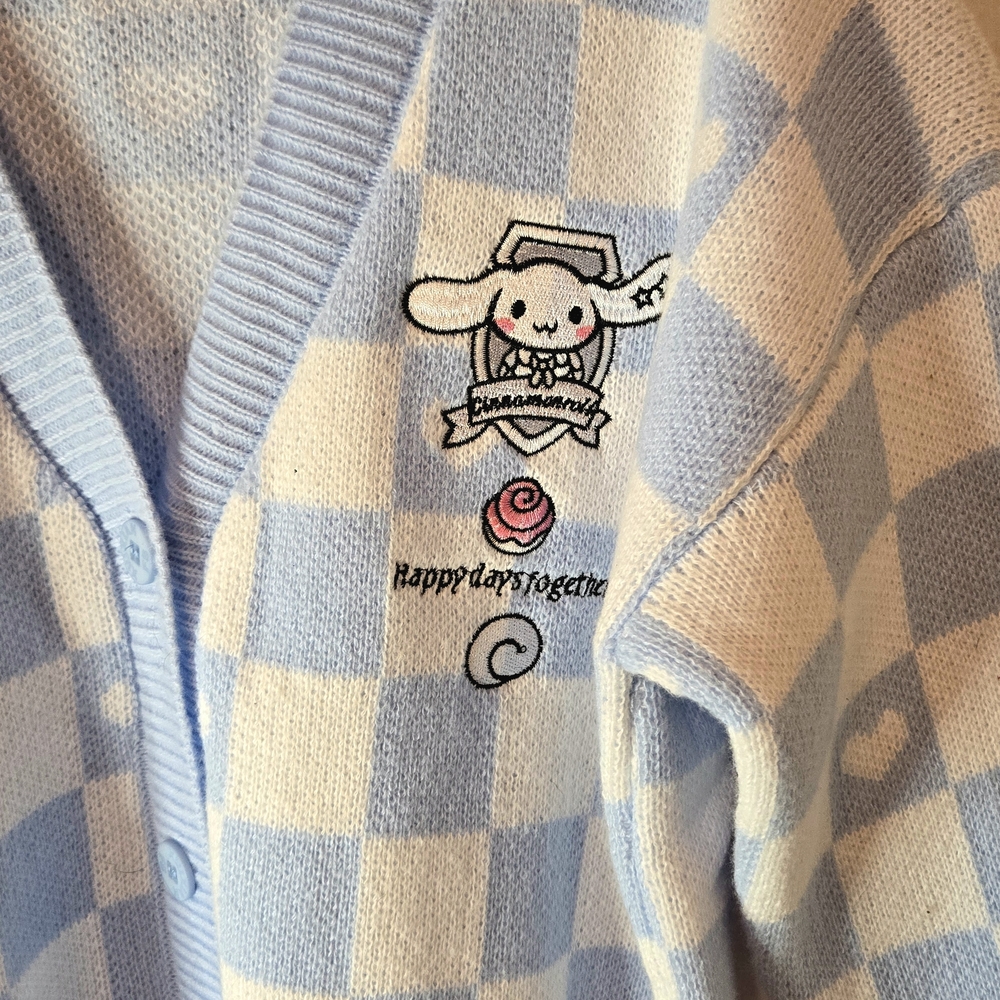 Blue and White Checkered Cardigan with Cute Character - Picture 3 of 7